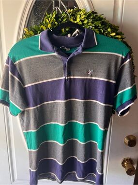 Striped Polo Shirt in Teal, Navy & Gray